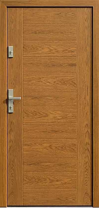 Drzwi antywłamaniowe zewnętrzne do domu i wewnętrzne do mieszkania model wzór 433,1 w kolorze złoty dąb.