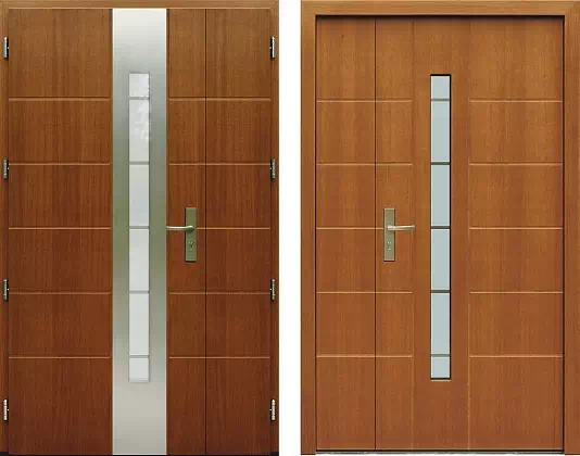 Drzwi dwuskrzydłowe zewnętrzne inox wzór 939,2-939,12+ds11 w kolorze dąb średni.