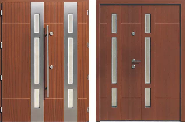 Drzwi dwuskrzydłowe zewnętrzne inox wzór 943,2-943,12+ds1 w kolorze orzech.