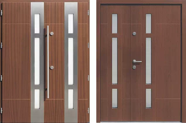 Drzwi dwuskrzydłowe zewnętrzne inox wzór 943,2-943,12 w kolorze orzech.