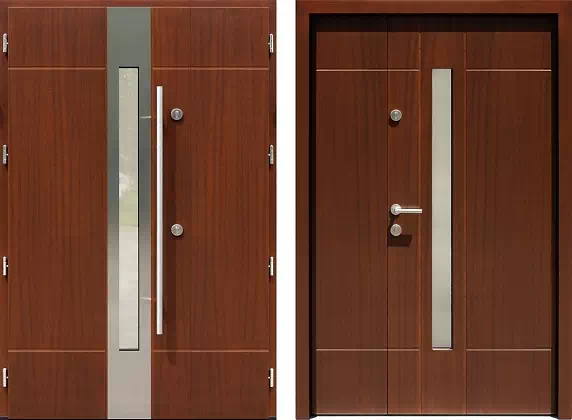 Drzwi dwuskrzydłowe zewnętrzne inox wzór 950,1-950,11 w kolorze orzech.