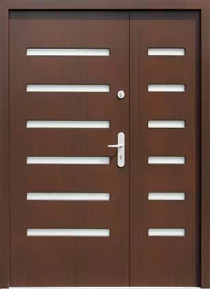 Drzwi dwuskrzydłowe zewnętrzne nowoczesne wzór wzór 911,2 w kolorze orzech.