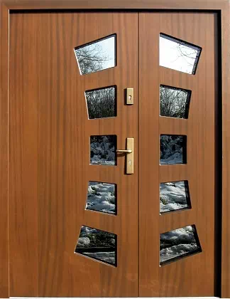 Drzwi dwuskrzydłowe zewnętrzne nowoczesne wzór 921,1 w kolorze dąb średni.