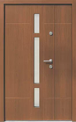 Drzwi dwuskrzydłowe zewnętrzne nowoczesne wzór 943,11 w kolorze teak.