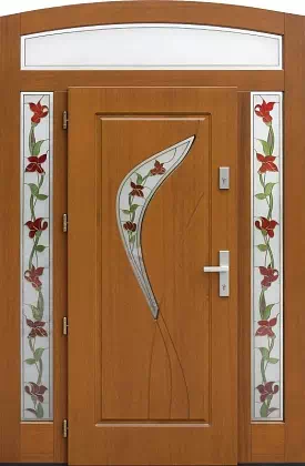 Drzwi zewnętrzne z dostawką i naświetlem gornym model wzór 458,1+ds52 w kolorze złoty dąb.