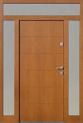Drzwi zewnętrzne z dostawką i naświetlem gornym model wzór 490,8B w kolorze ciemny dąb.