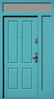 Drzwi zewnętrzne z dostawką i naświetlem gornym model wzór 534,9 w kolorze turkusowe.