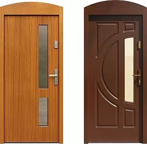 Drzwi zewnętrzne wejściowe z nieotwieraną łukową nadstawką górną.