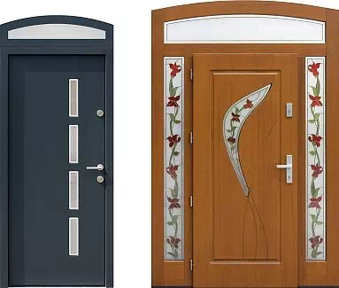 Drzwi zewnętrzne wejściowe z naświetlem górnym łukowym.