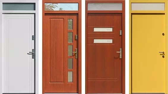 Drzwi zewnętrzne wejściowe z prostokątnym nieotwieranym naświetlem górnym.