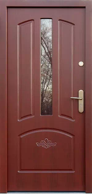 Drzwi drewniane zewnętrzne do domu 552,3S+d1 w kolorze mahoń.