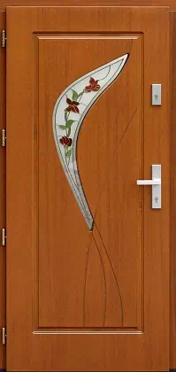 Drzwi drewniane zewnętrzne do domu wzór 458,1+ds52 w kolorze ciemny dąb.