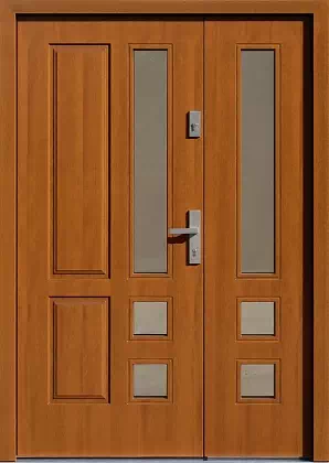 Drzwi dwuskrzydłowe drewniane zewnętrzne wzór 909,1 w kolorze złoty dąb.