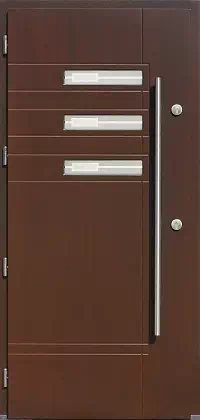 Drzwi zewnętrzne nowoczesne do domu wzór 465,1+ds1 w kolorze orzech ciemny.
