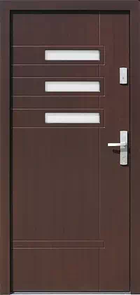 Drzwi zewnętrzne nowoczesne do domu wzór 465,1 w kolorze orzech ciemny.