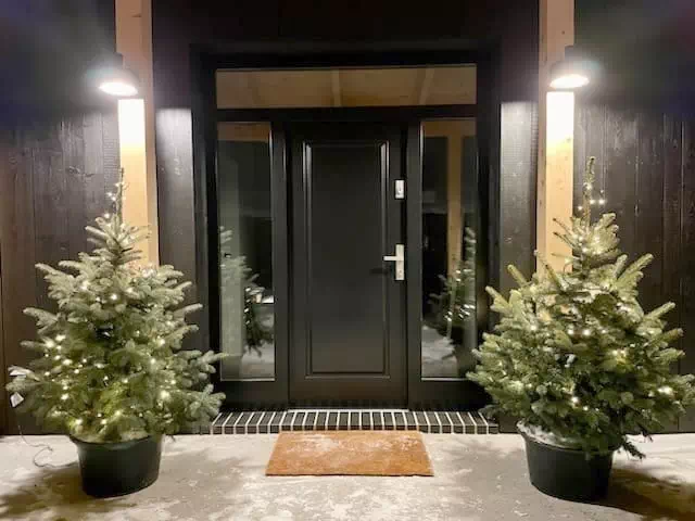 Widok elewacji domu z zamontowanymi drzwiami wzór 535,5 wymalowanymi w kolorze brązowe.